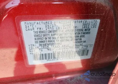 2017 Nissan Sentra S z USA, uszkodzony, nr VIN 3N1AB7AP6HY313643